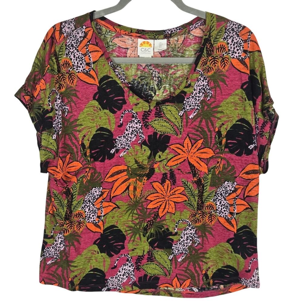 C&C California Linen Floral Crop Top L Nature Jungle Bloomcore Tee Summer Chic